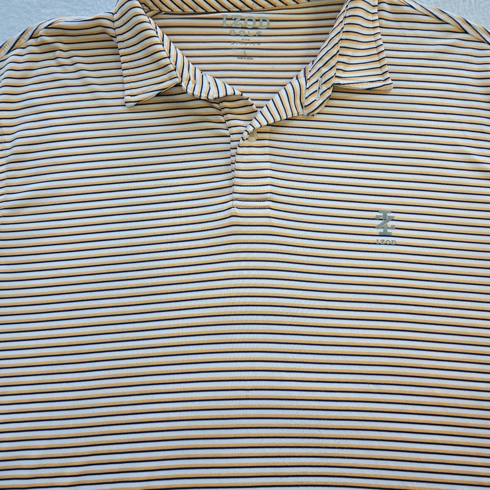 IZOD Golf Men L Polo Shirt Striped Orange Blue Stretch Moisture Wicking Preppy..
